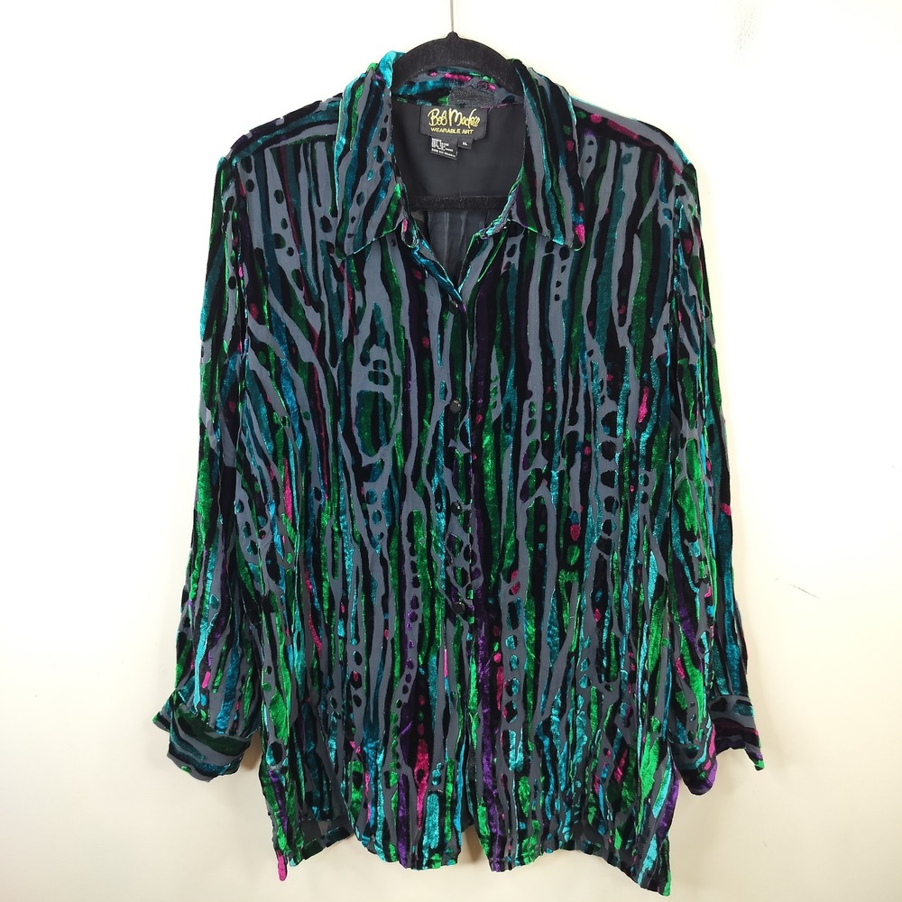 Bob Mackie Wearable Art Silk Velvet Burnout Blouse XL Sheer Green Multicolor
